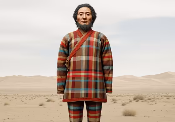Illustration of the Cherchen Man's ancient plaid-like tunic and leggings.