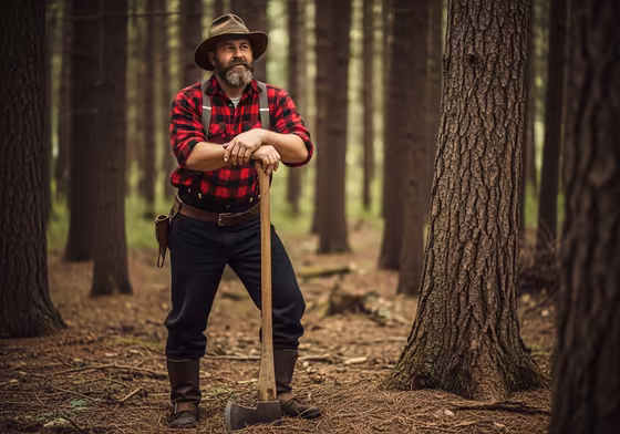 A vintage-style illustration of an American lumberjack from the 19th century wearing the classic red-and-black Buffalo Check plaid shirt.