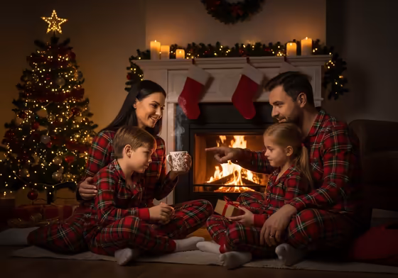 A cozy Christmas scene with a fireplace, a Christmas tree, and people wearing red tartan plaid pajamas.