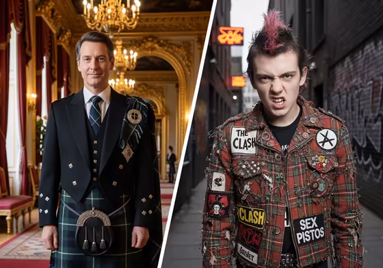 A split image showing the Royal Stewart tartan worn elegantly by royalty and rebelliously by a 1970s punk rocker.