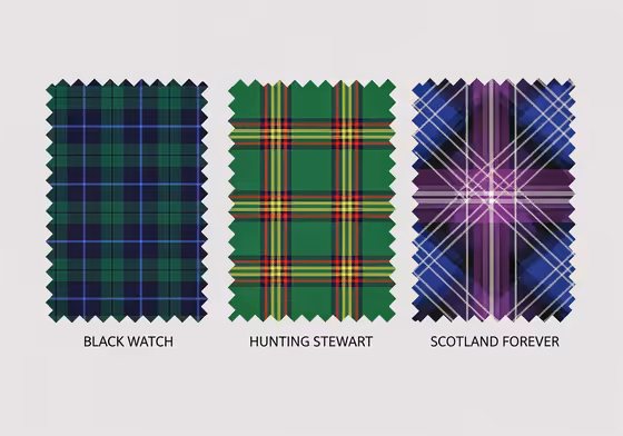 An infographic showing three popular universal tartans: Black Watch, Hunting Stewart, and Scotland Forever.