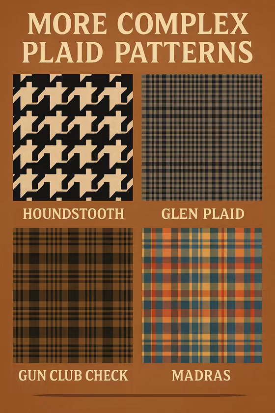 An infographic displaying more complex patterns like Houndstooth, Glen Plaid, Gun Club Check, and Madras.