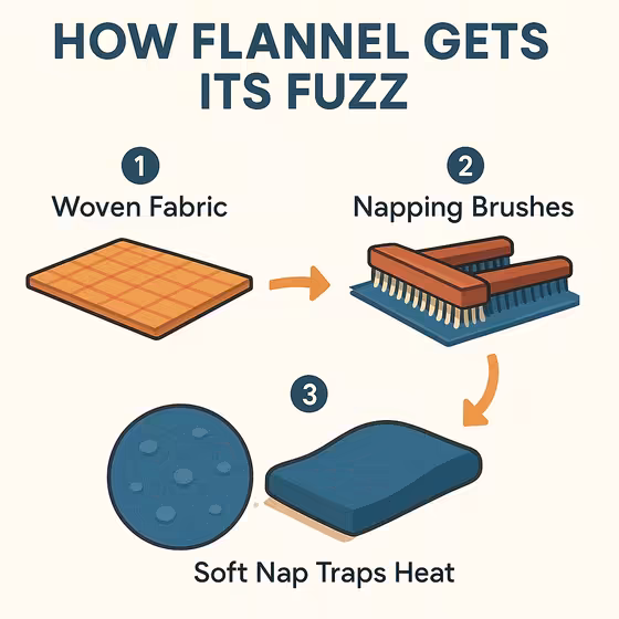 A 3-step diagram illustrating the napping process that makes flannel fabric soft and warm.
